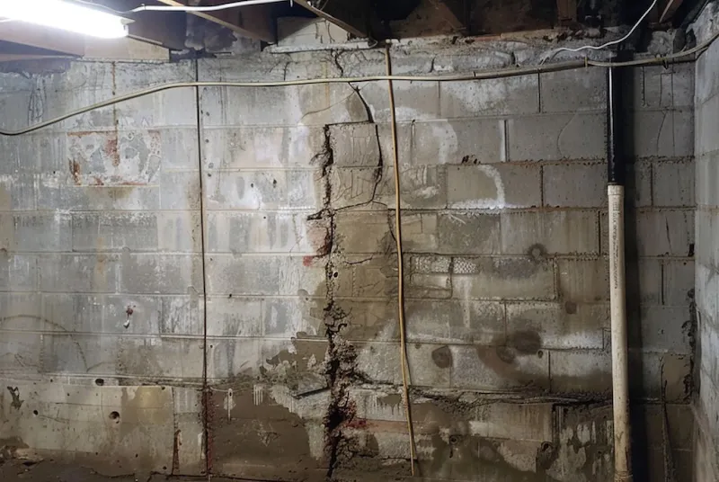 Photo of bowing, leaning basement wall