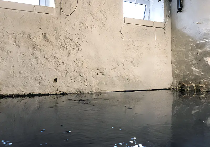 Interior photo of a basement wall that shows water damage - to show importance of interior basement waterproofing