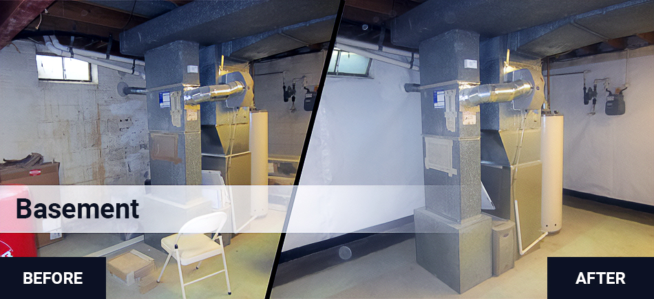 Before and after photo of a basement where a vapor barrier system was added to a moldy basement