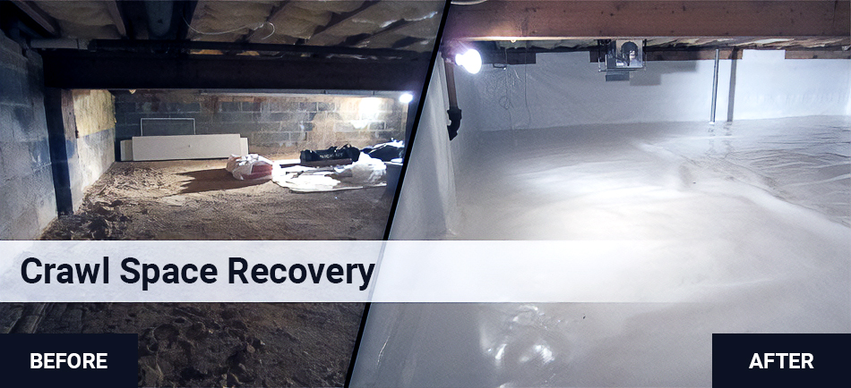 Before and after photo of a crawl space recovery project where the crawl space was encapsulated