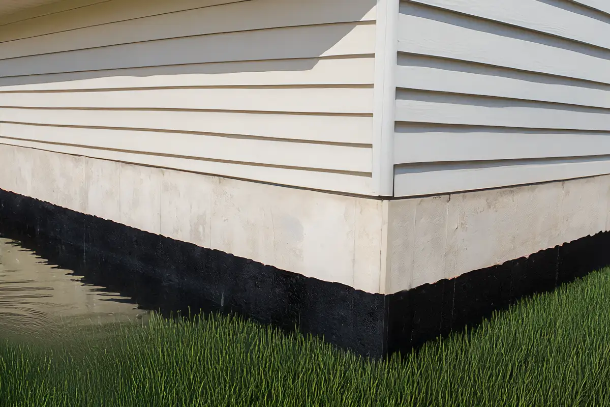 Example of exterior basement waterproofing importance with standing water outside a house