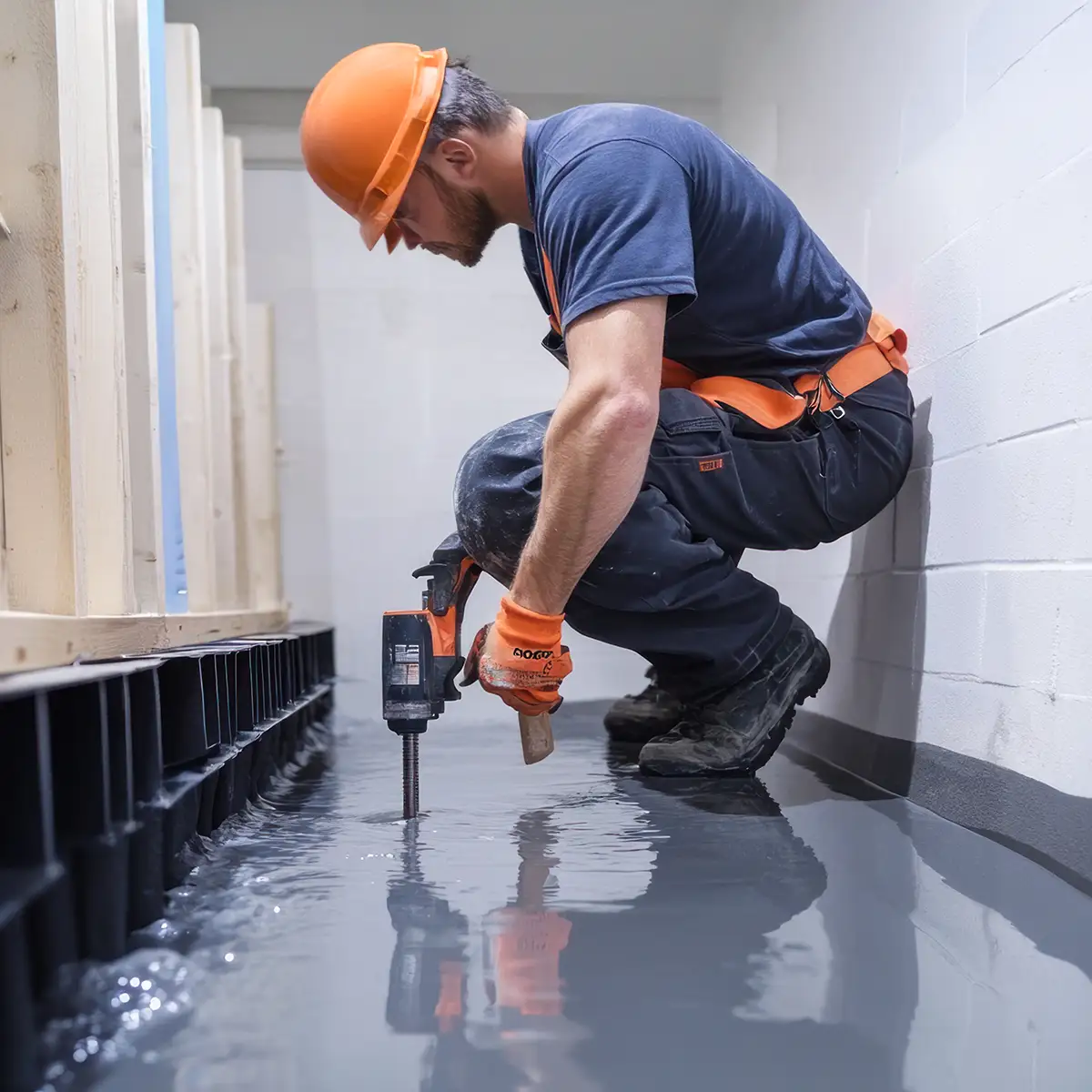 Man working to install a drain to help with basement waterproofing