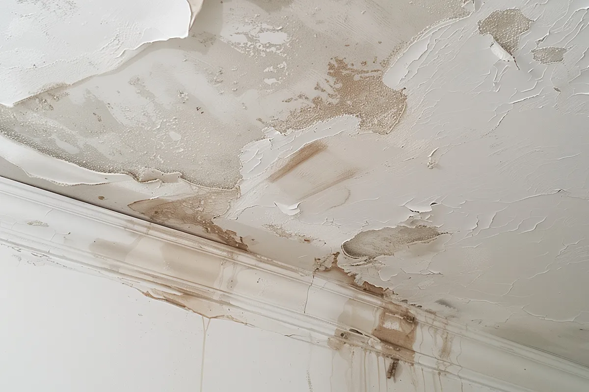 Water stains showing on a ceiling to show interior basement waterproofing needs